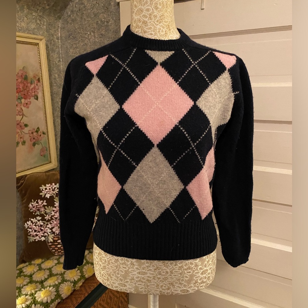 Vintage Souza & Lefkovits lambswool argyle sweater navy blue, pink, grey small